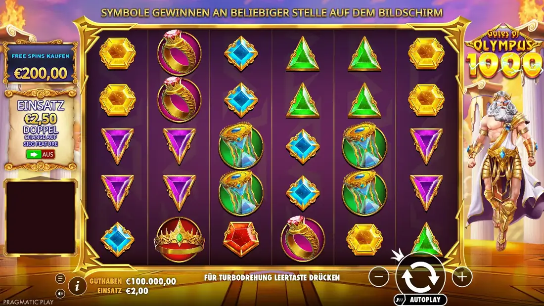 Gates of Olympus 1000 base game grid in demo mode